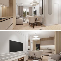 ROLI.ART AGNIESZKA ROLIRAD - Wnętrze mieszkania z otwartą kuchnią i jadalnią. Jasne kolory, drewniane elementy, nowoczesne oświetlenie. Widok na salon z sofą i telewizorem. Całość w minimalistycznym stylu.