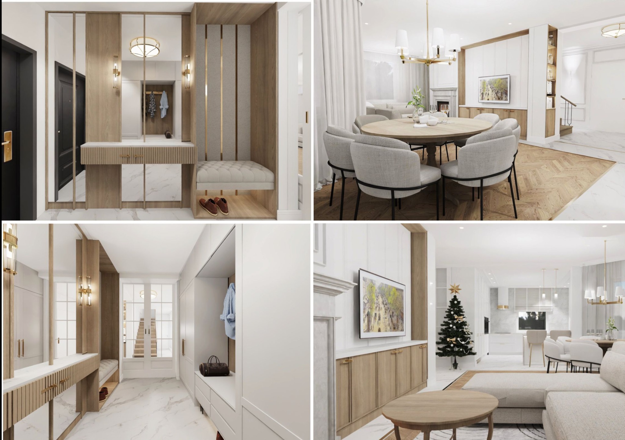 Eleganckie wnętrze mieszkania: zabudowa przedpokoju z siedziskiem, jadalnia z okrągłym stołem i salon z choinką. Jasna kolorystyka, nowoczesny styl.