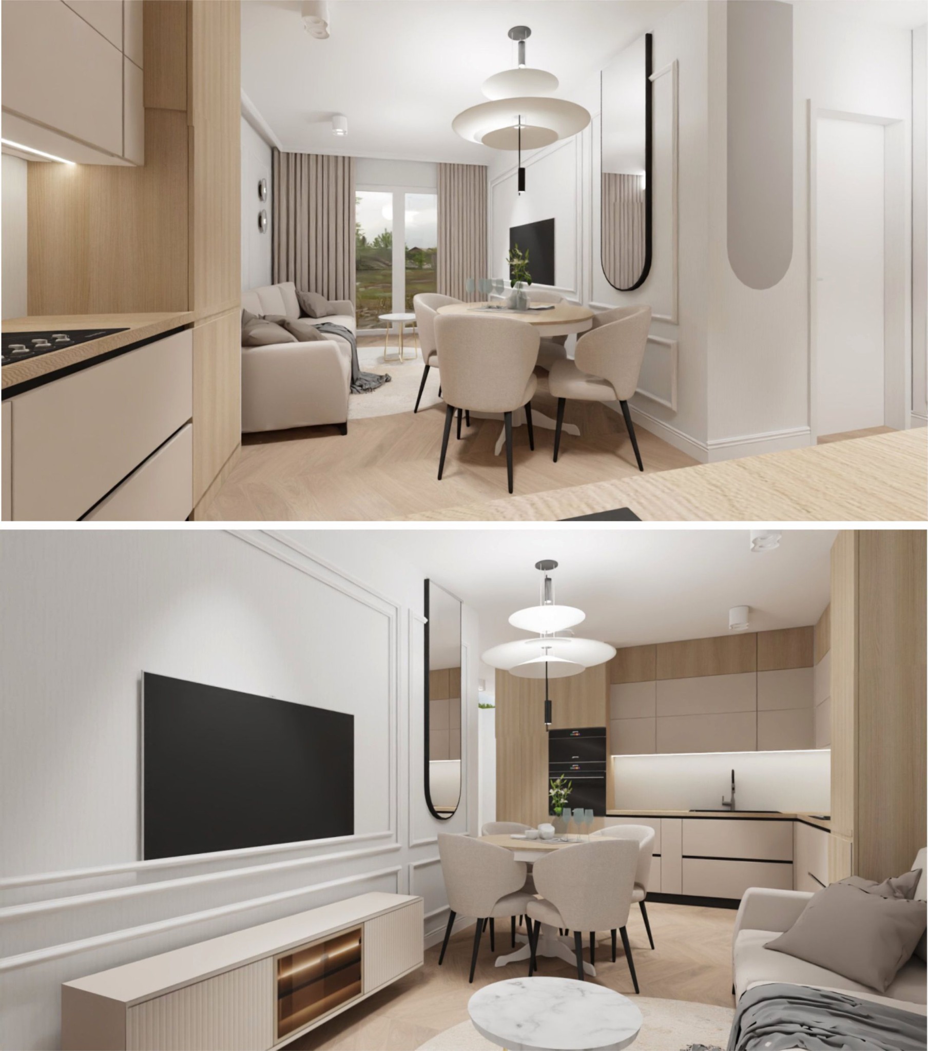 Wnętrze mieszkania z otwartą kuchnią i jadalnią. Jasne kolory, drewniane elementy, nowoczesne oświetlenie. Widok na salon z sofą i telewizorem. Całość w minimalistycznym stylu.