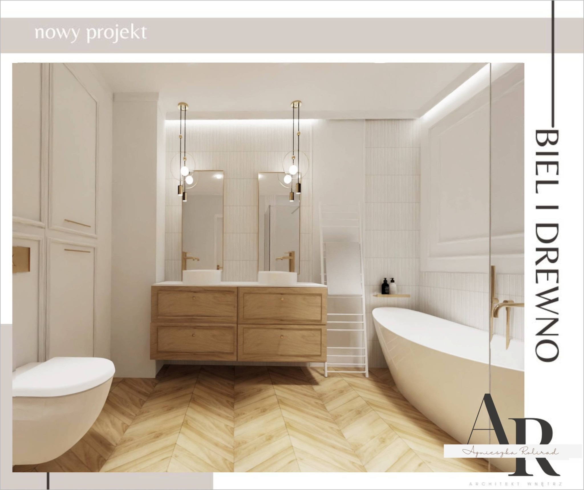 Jasna łazienka w stylu nowoczesnym z drewnianą podłogą w jodełkę, podwójną umywalką i wolnostojącą wanną. Minimalistyczne oświetlenie i armatura w kolorze złota.