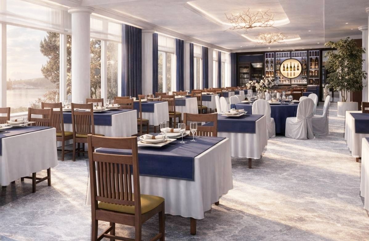 Elegancka sala restauracyjna z nakrytymi stołami, krzesłami z drewnianymi oparciami i dużymi oknami z widokiem na jezioro. W tle bar z podświetlonymi butelkami.