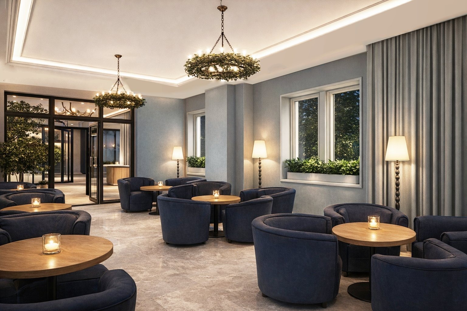Eleganckie wnętrze kawiarni lub biura z ciemnoniebieskimi fotelami, okrągłymi stolikami z zapalonymi świecami i roślinnymi żyrandolami. Stonowana kolorystyka i naturalne światło.