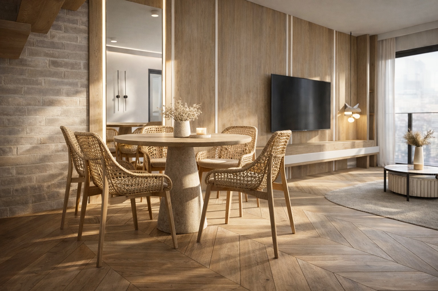 Jasne wnętrze jadalni z okrągłym stołem i plecionymi krzesłami. Parkiet ułożony w jodełkę, ściana z cegły i drewniane panele. Minimalistyczny design z telewizorem.