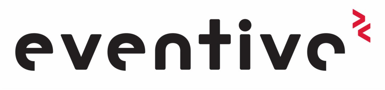 Czarne logo 'eventive' na białym tle z czerwonym symbolem przypominającym dwie strzałki w prawym górnym rogu.
