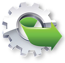 Grafika wektorowa przedstawiająca szarą zębatkę z zieloną strzałką zawracającą w jej wnętrzu, symbolizującą proces lub automatyzację.