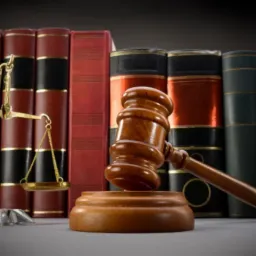 Złota waga sprawiedliwości, drewniany młotek sędziowski i rząd oprawionych książek w odcieniach czerwieni, czerni i zieleni na ciemnym tle.