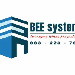 Logo firmy BeeSystem z niebieskim, geometrycznym symbolem budynku i hasłem 'tworzymy lepszą przyszłość' oraz numerem telefonu.