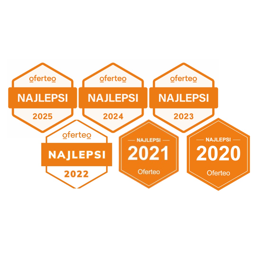 Zestawienie nagród Oferteo 'Najlepsi' za lata 2020-2025. Pomarańczowe heksagony z napisem 'Najlepsi' i rokiem. Prestiż i uznanie dla wykonawców.