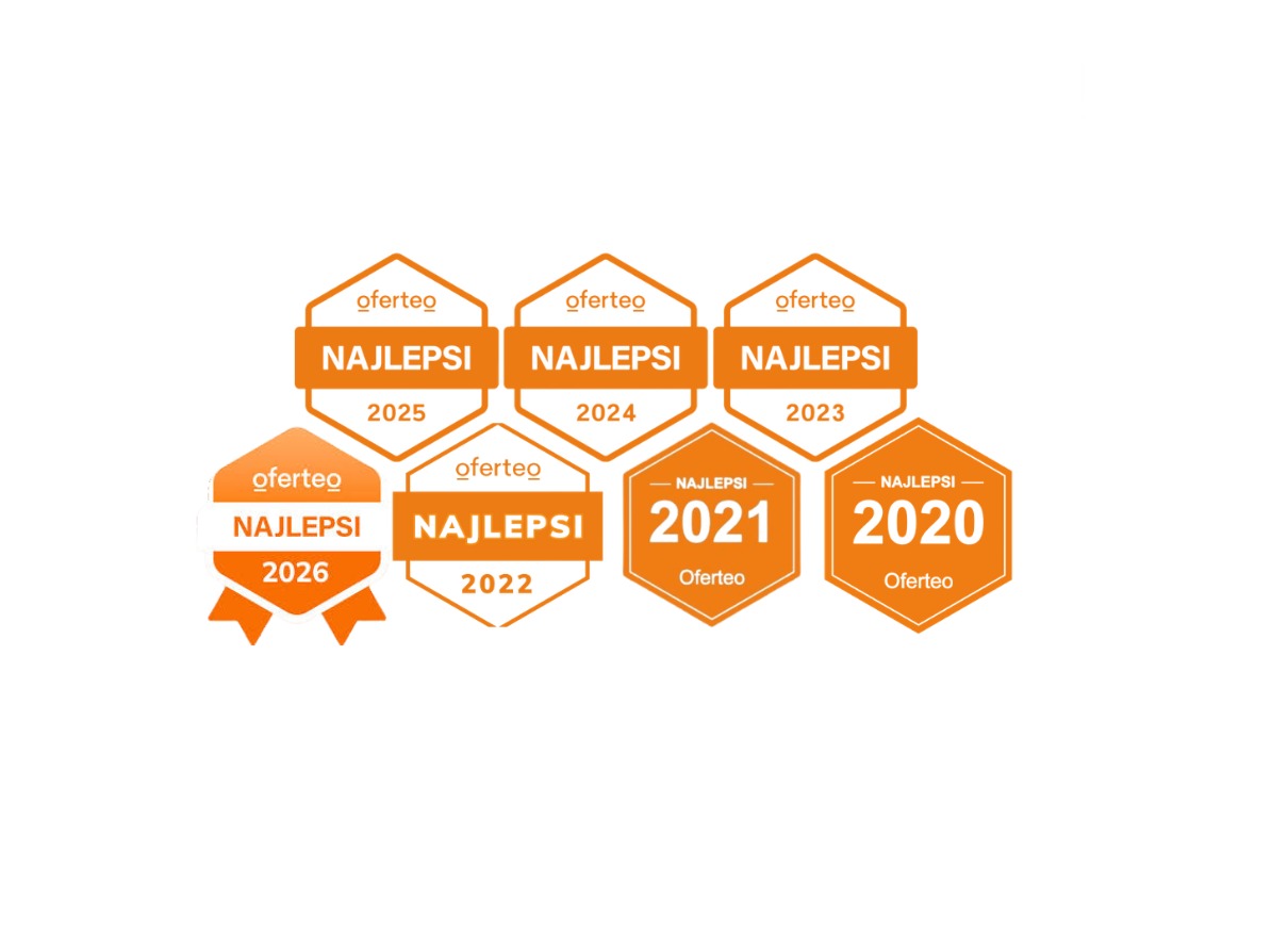 Zestawienie pomarańczowych odznak Oferteo 'Najlepsi' z lat 2020-2026 na białym tle. Grafika prezentuje nagrody za wysoką jakość usług w różnych latach.