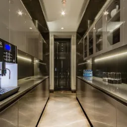 Wąska kuchnia z marmurową podłogą, blatami i ścianami, oświetleniem LED pod szafkami, ekspresem do kawy i szklanymi szafkami na napoje.