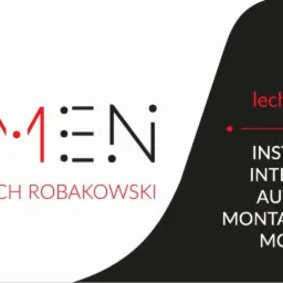 Logo firmy Lumen Lech Robakowski oferującej instalacje elektryczne, inteligentne instalacje, automatykę domową, montaż anten satelitarnych i montaż monitoringu. Grafika w kolorach czarnym i czerwonym.