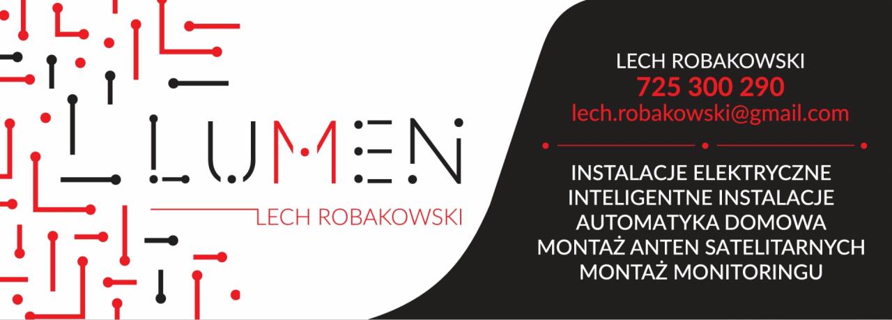 Logo firmy Lumen Lech Robakowski oferującej instalacje elektryczne, inteligentne instalacje, automatykę domową, montaż anten satelitarnych i montaż monitoringu. Grafika w kolorach czarnym i czerwonym.