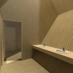 Wizualizacja łazienki z drewnianymi ścianami ułożonymi w jodełkę, dwiema umywalkami na długim blacie i otwartymi drzwiami do dalszej części pomieszczenia.