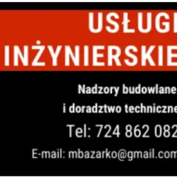 Czerwono-czarne ogłoszenie o usługach inżynierskich, z tekstem: 'USŁUGI INŻYNIERSKIE', 'Nadzory budowlane i doradztwo techniczne', numerem telefonu i adresem e-mail.