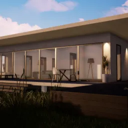 Nowoczesny dom jednorodzinny z płaskim dachem i dużymi przeszkleniami, widok z zewnątrz na taras z meblami ogrodowymi i starannie utrzymanym trawnikiem.