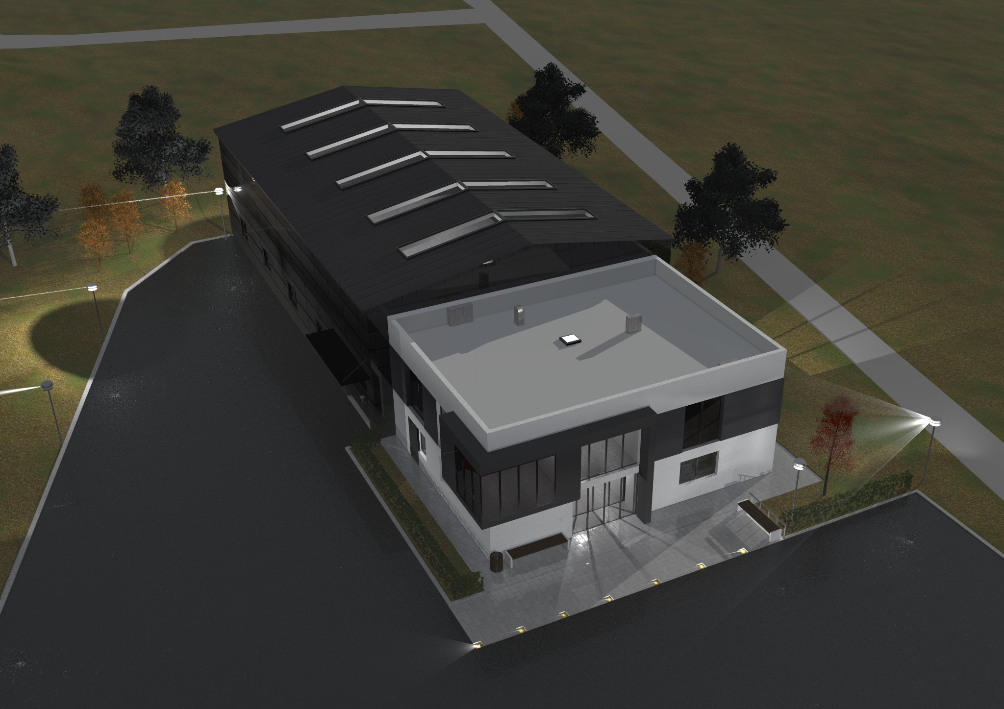 Wizualizacja 3D budynku usługowego z czarną halą i biało-szarą częścią biurową, oświetlonego lampami zewnętrznymi, otoczonego zielenią i parkingiem.