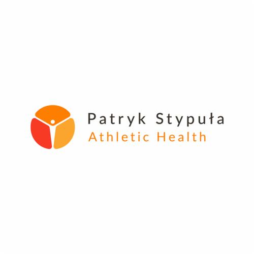 Logo firmy 'Patryk Stypuła Athletic Health' z abstrakcyjnym symbolem osoby wewnątrz trójkątnego kształtu, utrzymane w kolorach pomarańczowym i czerwonym.