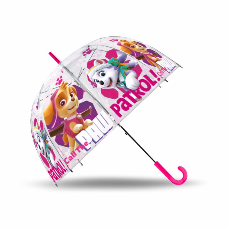 Przezroczysty parasol dziecięcy z motywem bajki Psi Patrol, różowa rączka i zakończenie, widoczne postacie Skye, Everest i Chase na tle białym z różowymi elementami.