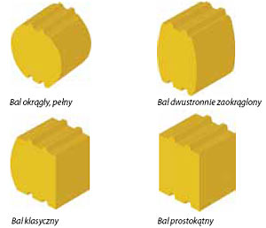 Grafika przedstawiająca przekroje czterech rodzajów bali drewnianych: okrągły pełny, dwustronnie zaokrąglony, klasyczny i prostokątny. Każdy przekrój jest w odcieniach żółci, z widocznymi detalami...