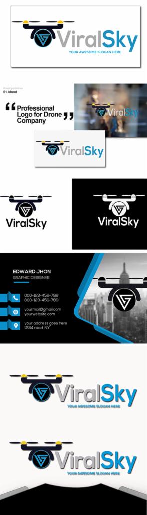 Kompozycja logo firmy ViralSky z motywem drona, prezentowana w różnych wariantach kolorystycznych i na wizytówce grafika Edwarda Jhona.