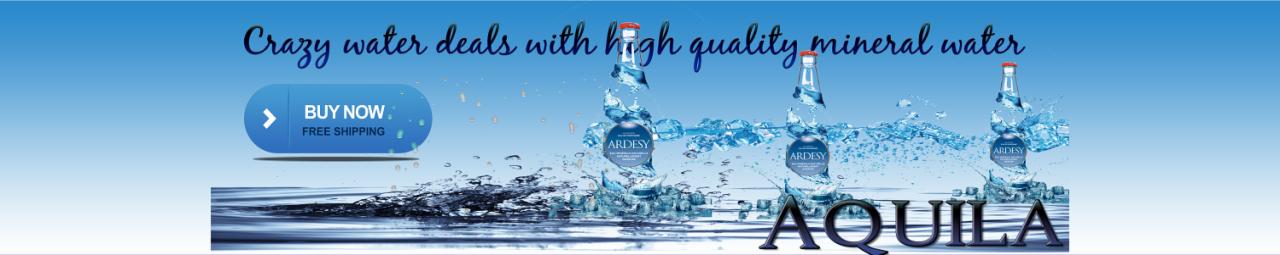 Reklama wód mineralnych Ardesy i Aquila z efektem rozpryskującej się wody, kostkami lodu i przyciskiem 'Kup Teraz' na gradientowym niebieskim tle.
