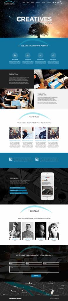 Projekt strony internetowej agencji kreatywnej z motywem kosmosu w nagłówku, sekcjami prezentującymi zespół i blog, oraz formularzem kontaktowym.