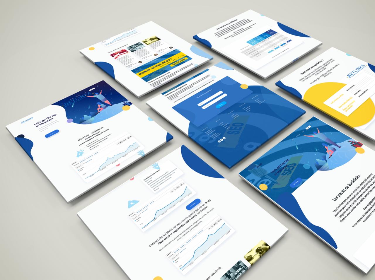 Prezentacja graficzna projektów stron internetowych z elementami SEO, widok z góry, różne kąty ujęcia, dominująca kolorystyka biało-niebieska, widoczne wykresy i teksty w języku francuskim, logo...