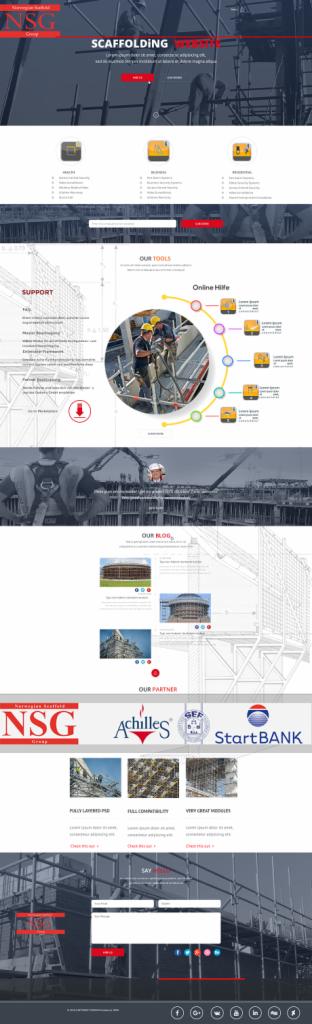 Projekt strony internetowej firmy zajmującej się rusztowaniami, prezentujący wizualizację strony głównej z elementami interaktywnymi, zdjęciami pracowników na rusztowaniach i logotypami partnerów.