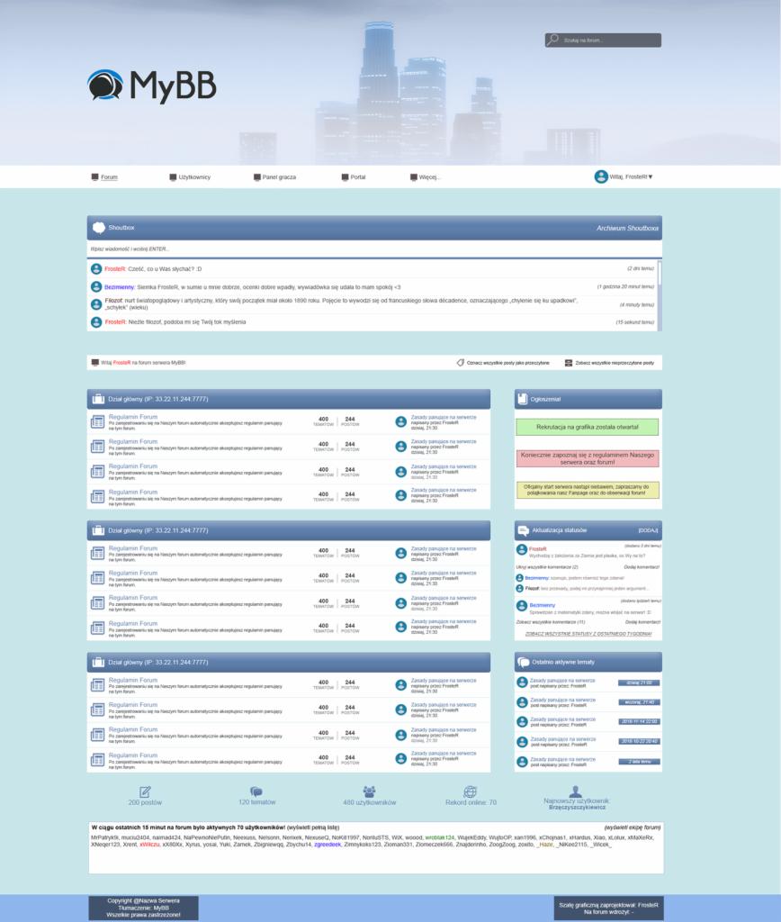 Zrzut ekranu forum internetowego MyBB z widocznym logo, menu, shoutboxem, listą tematów i aktywnych użytkowników, utrzymany w jasnej kolorystyce.