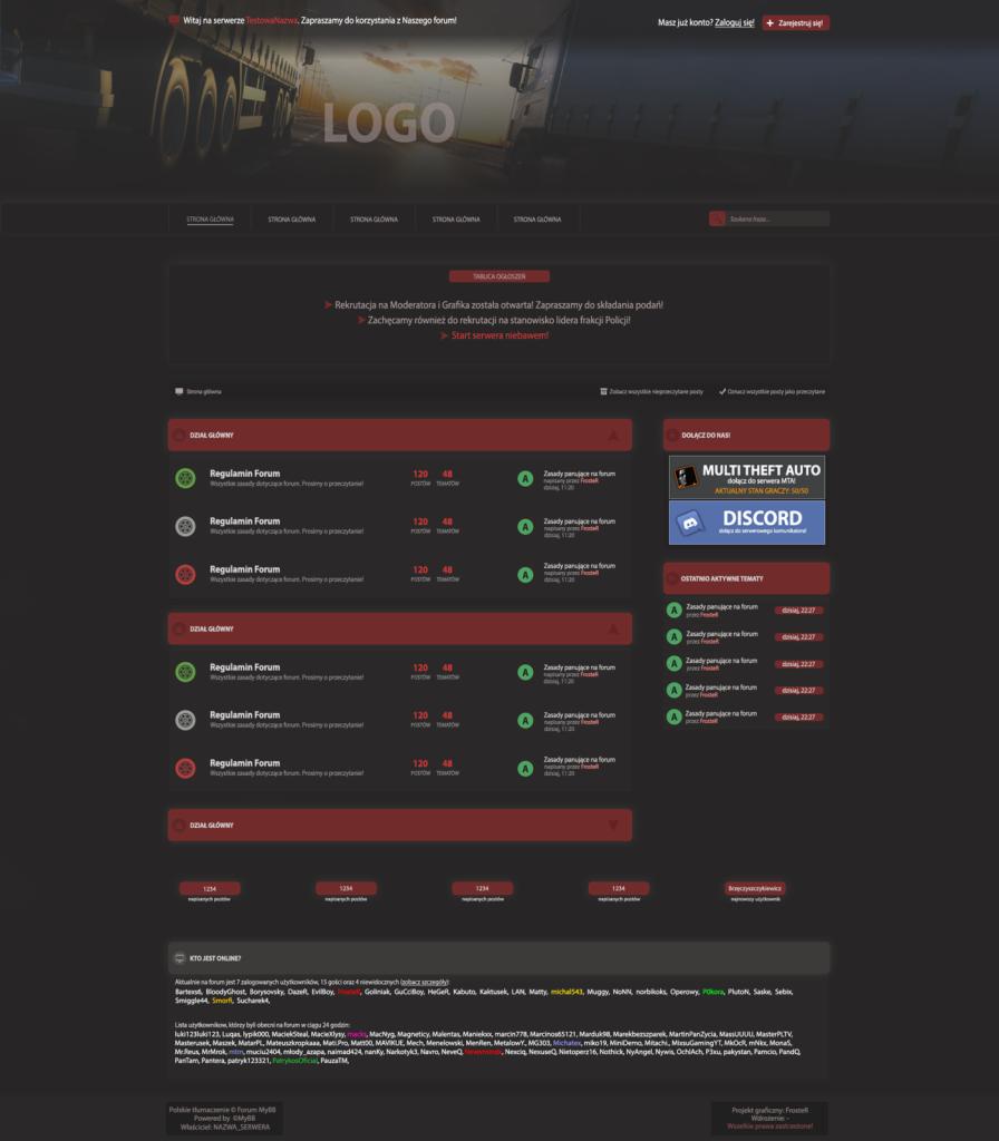 Zrzut ekranu strony internetowej forum dyskusyjnego z widocznym logo w górnej części, listą aktywnych tematów i użytkowników online.