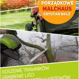 Usługi porządkowe: grabie do liści, kosiarka do trawy i przycinanie drzew piłą spalinową.  Reklama firmy Malchaus.