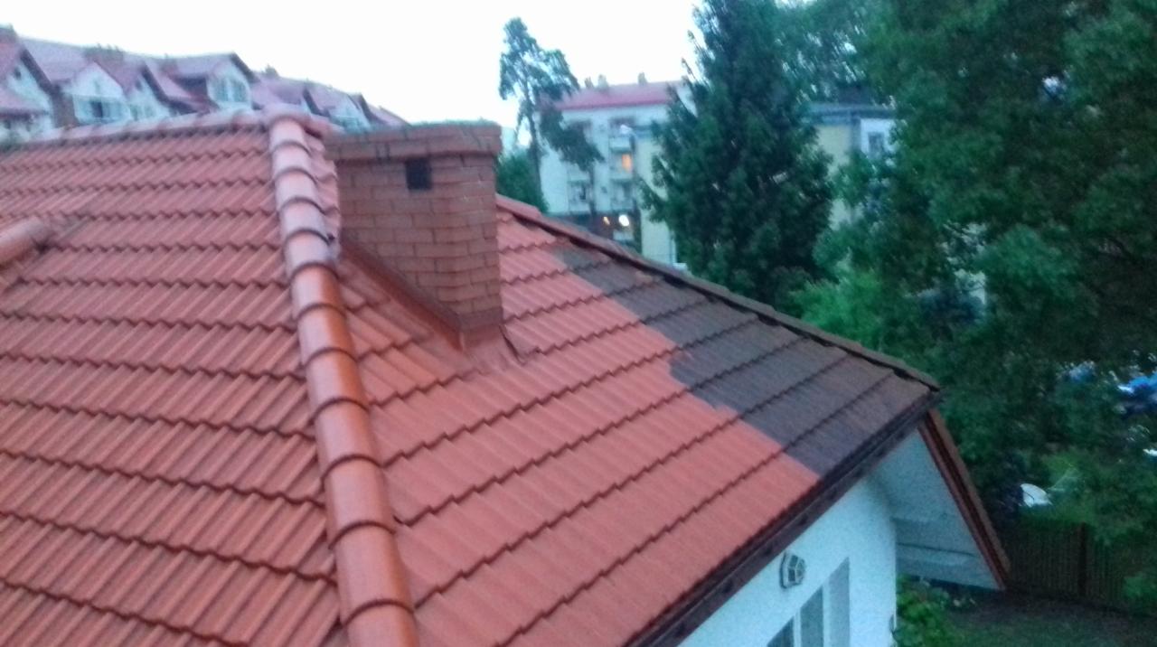 Częściowo pomalowany dach z czerwonej dachówki, z widocznym kominem z cegły, na tle zieleni drzew i zabudowań miejskich.