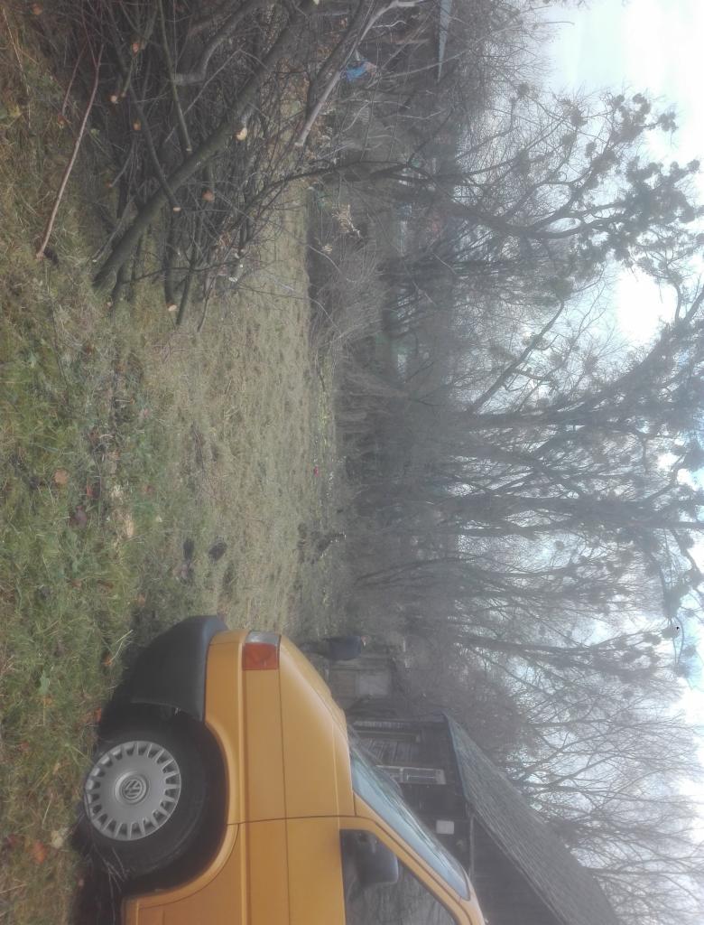 Połamane gałęzie drzew po cięciu leżą na trawie, widoczny fragment żółtego samochodu dostawczego i drewniany budynek w tle.