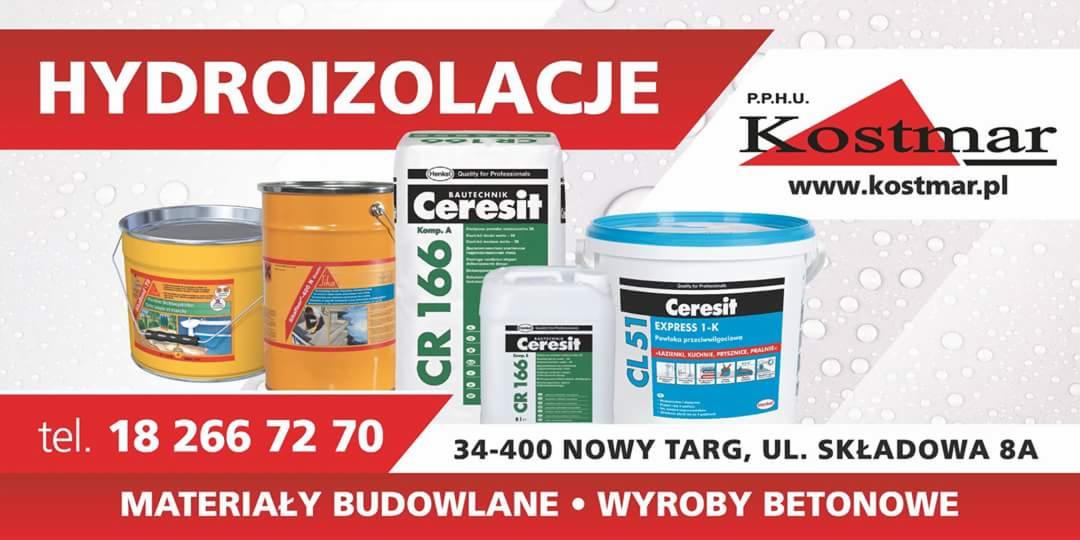 Reklama materiałów budowlanych firmy Kostmar z Nowego Targu, prezentująca produkty Ceresit do hydroizolacji, w tym wiadra i opakowania z oznaczeniami CR 166 i CL 51, na tle z efektem kropli wody.
