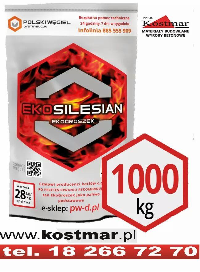Worek ekogroszku EkoSilesian o wadze 1000 kg, z widocznym logo producenta Polski Węgiel oraz informacjami o infolinii i sklepie internetowym.