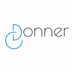 Logo firmy z nazwą 'Donner' w kolorze czarnym, z niebieskim symbolem graficznym po lewej stronie, przypominającym stylizowaną literę D.