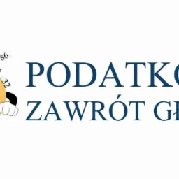Grafika z uśmiechniętą, mrugającą buźką z elementami symbolizującymi finanse, takimi jak kalkulator i worek pieniędzy, oraz napisem 'PODATKOWY ZAWROT GŁOWY'.