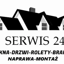 Logo firmy 'Serwis 24' oferującej naprawę i montaż okien, drzwi, rolet i bram, z graficznym symbolem domu.