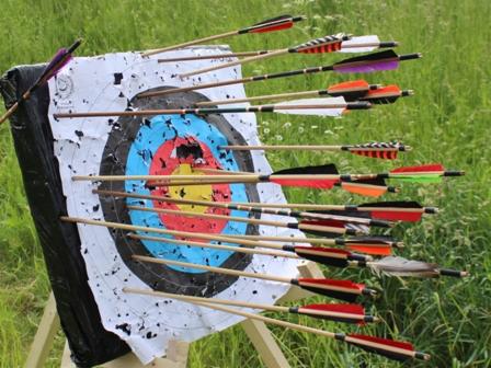 Tarcza łucznicza mocno obstawiona strzałami z różnymi lotkami na tle zielonej trawy.