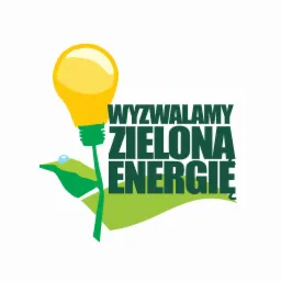 Grafika wektorowa przedstawiająca żarówkę stylizowaną na roślinę, z napisem 'Wyzwalamy Zielona Energię' w ciemnozielonych, pogrubionych literach.