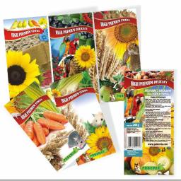 Osoba prywatna - Różne opakowania karmy dla zwierząt marki Pabemia, w tym dla ptaków, papug, gryzoni, z motywami słoneczników, zboża, owoców i warzyw.