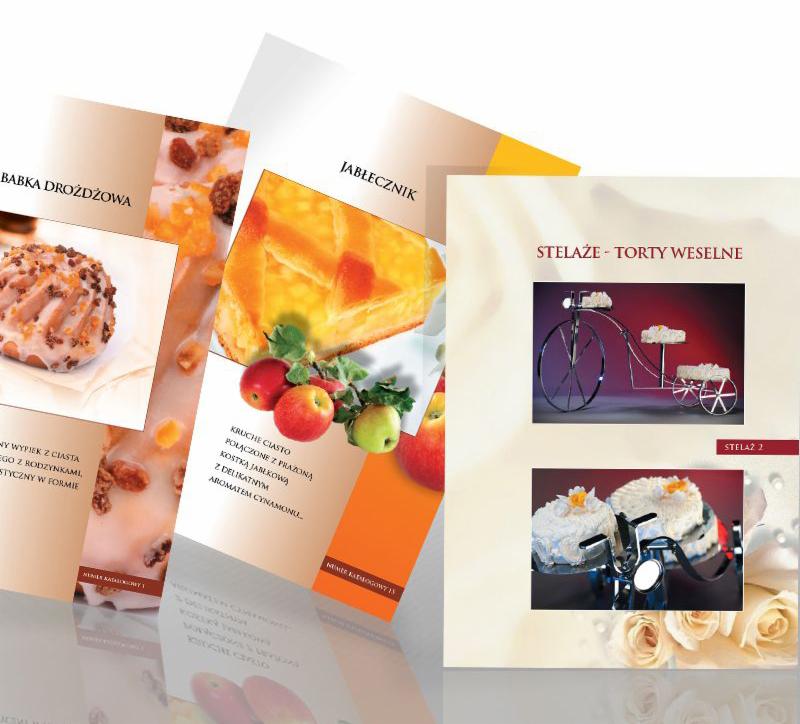 Katalog z fotografiami wypieków: babki drożdżowej, jabłecznika oraz stelaży na torty weselne w kształcie roweru.