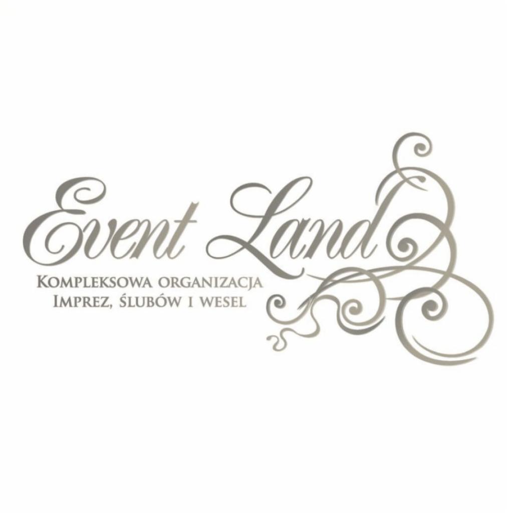 Eleganckie logo firmy Event Land w odcieniach szarości, z dopiskiem 'Kompleksowa organizacja imprez, ślubów i wesel', stylizowane na kaligrafię z ozdobnymi zawijasami.