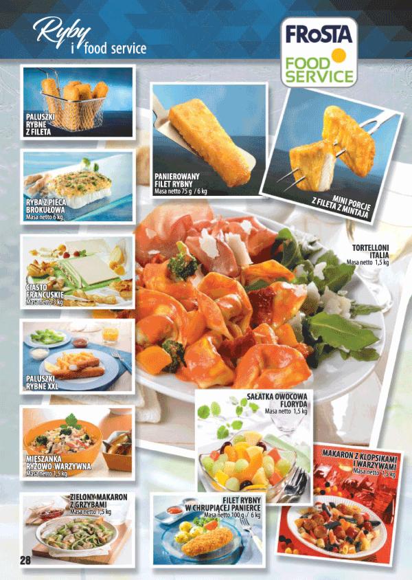 Zestawienie gotowych dań rybnych i makaronowych marki Frosta Food Service, prezentowane w formie zdjęć produktowych z opisami wag netto.
