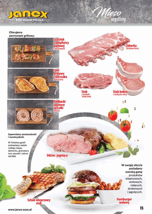 Kolaż z różnymi rodzajami mięs i wędlin, w tym szaszłyk z polędwicy wołowej, filet grillowany z kurczaka, kiełbaski jagnięce spiralne, stek z karkówki wieprzowej, żeberka boczkowe, stek bekon...