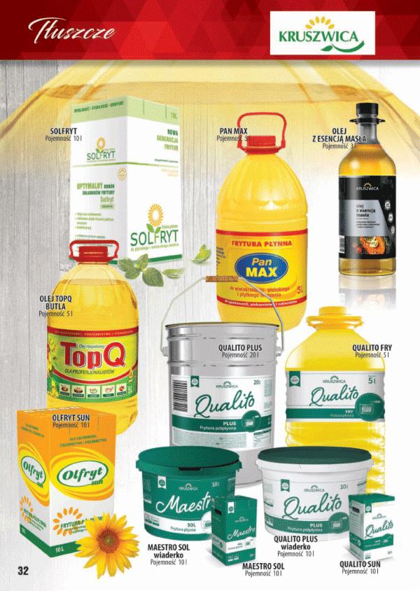 Zestaw olejów i frytur marki Kruszwica w różnych opakowaniach i pojemnościach, w tym Solfryt, Pan Max, TopQ, Qualito i Maestro Sol, prezentowanych na reklamie.