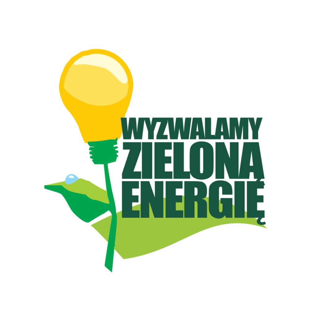 Grafika wektorowa przedstawiająca żarówkę stylizowaną na roślinę, z napisem 'Wyzwalamy Zielona Energię' w ciemnozielonych, pogrubionych literach.