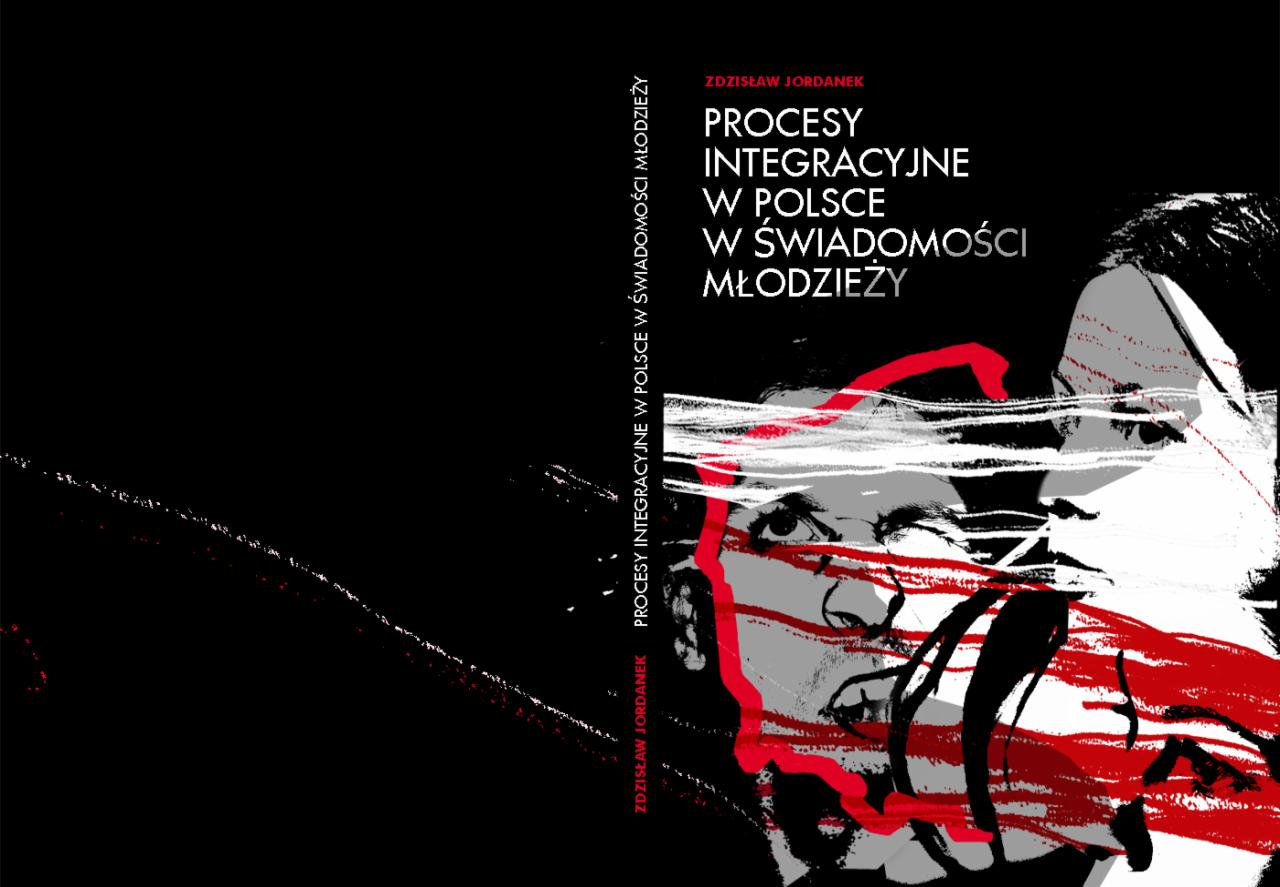 Okładka książki 'Procesy integracyjne w Polsce w świadomości młodzieży' autorstwa Zdzisława Jordanek, z abstrakcyjną ilustracją twarzy w odcieniach szarości, czerni i czerwieni.