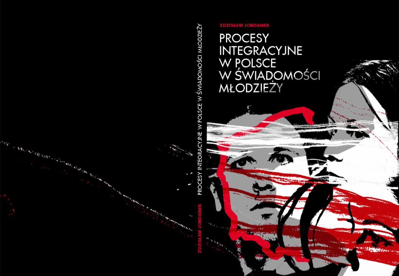 Okładka książki 'Procesy integracyjne w Polsce w świadomości młodzieży' autorstwa Zdzisława Jordanek, z czarno-białą grafiką twarzy i czerwonymi akcentami.