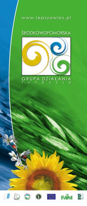 Roll-up reklamowy z motywem słonecznika, logiem organizacji i elementami graficznymi nawiązującymi do natury, z widocznym adresem strony internetowej w górnej części.